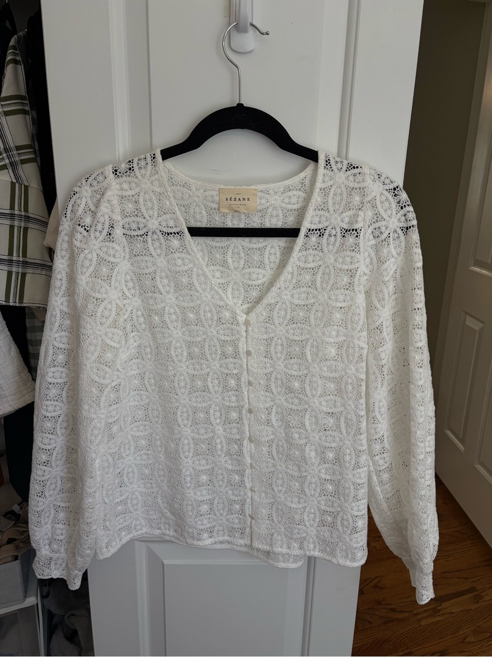 Sezane White Crochet Button-Front Blouse